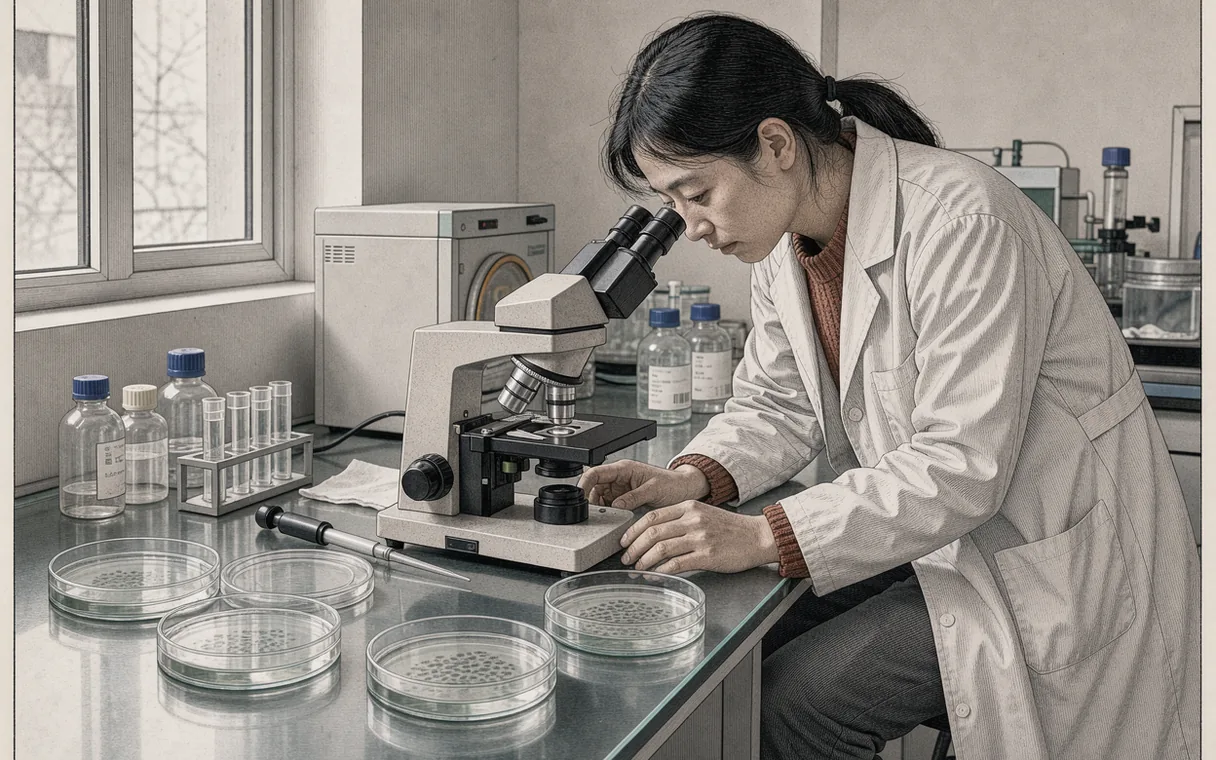 A laboratory worker looking through a microscope beside cell-culture dishes