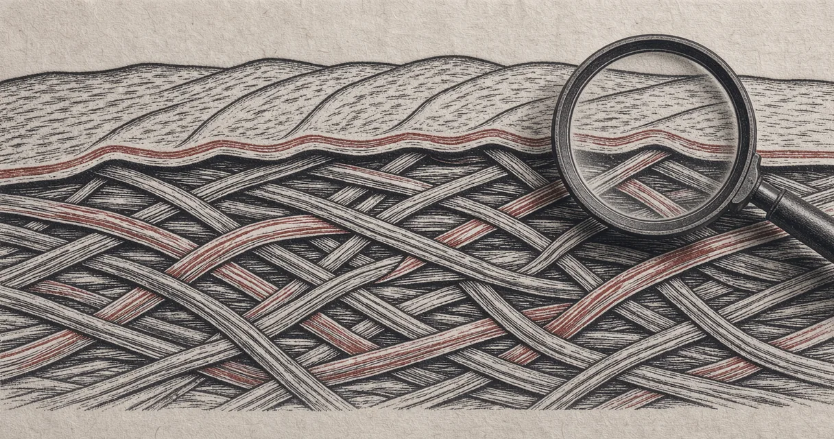 A print illustration of skin ridges above a fibrous supporting layer