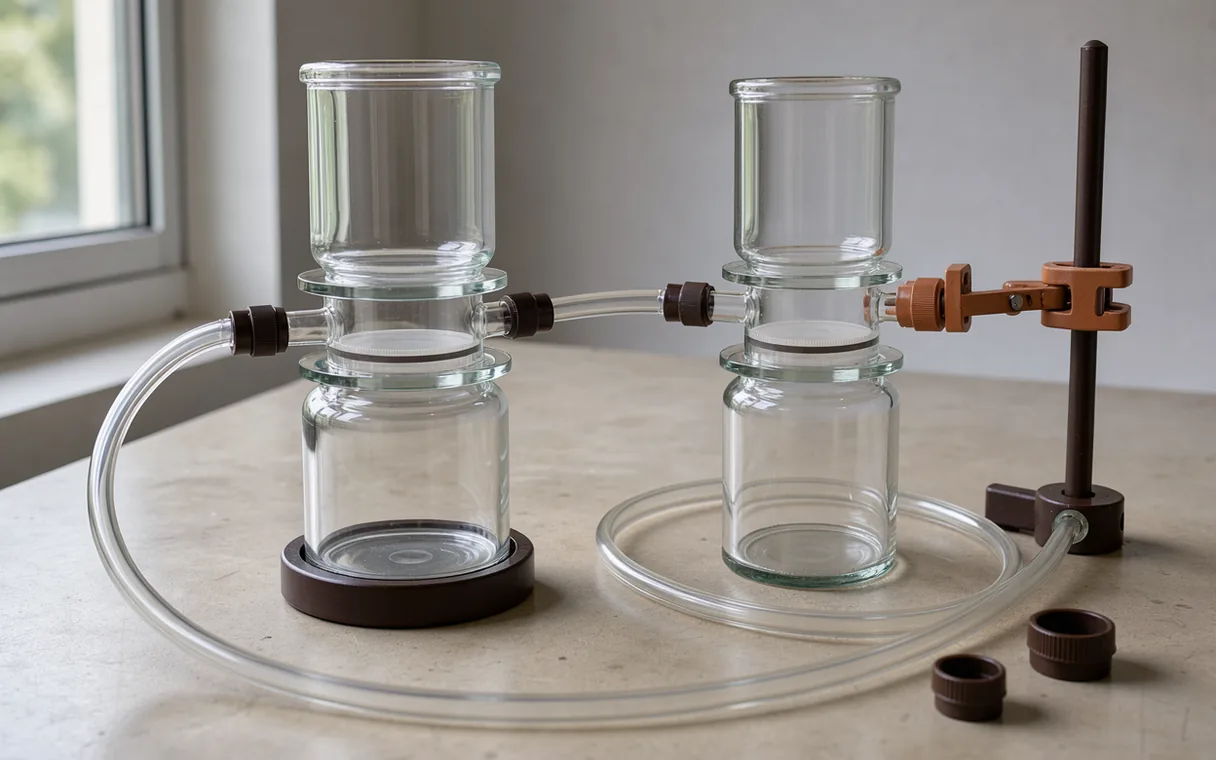 Glass diffusion cells and tubing arranged on a pale laboratory bench